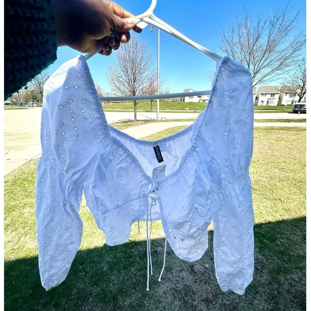 H&M Divided White Eyelet Tie Front Long Sleeve Balloon Top Size XL Blouse - Picture 8 of 10